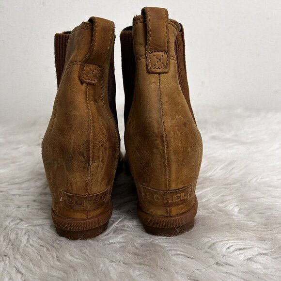 Sorel Tan Joan of Arctic Nubuck Leather Wedge Booties Sz 9 Pull Eli Curry Brown - Picture 5 of 11